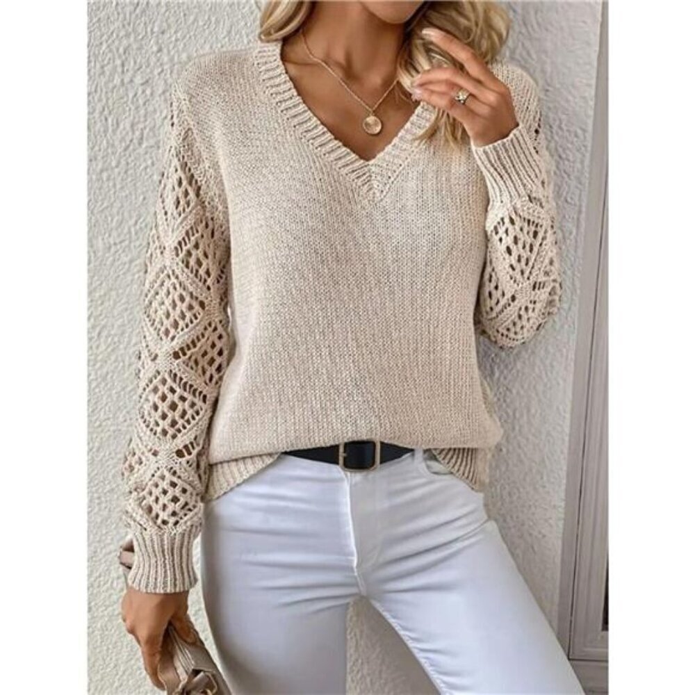 V-Neck Crochet Sleeve Sweater
